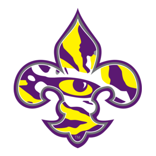 LSU Tigers fleur-de-lis logo with tiger eye and purple and gold tiger print.