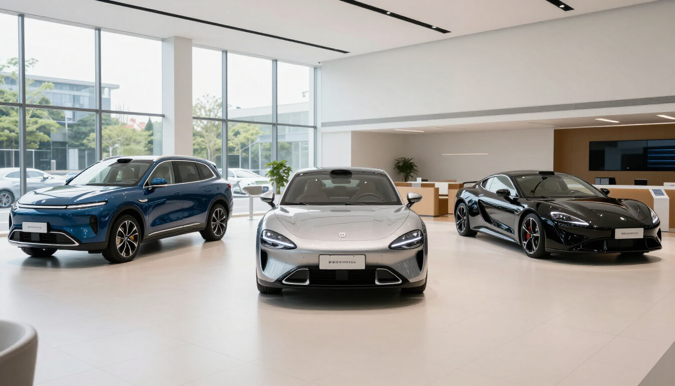 In uno showroom luminoso sono esposte tre auto di lusso: un SUV blu, una berlina argento e un'auto sportiva nera.