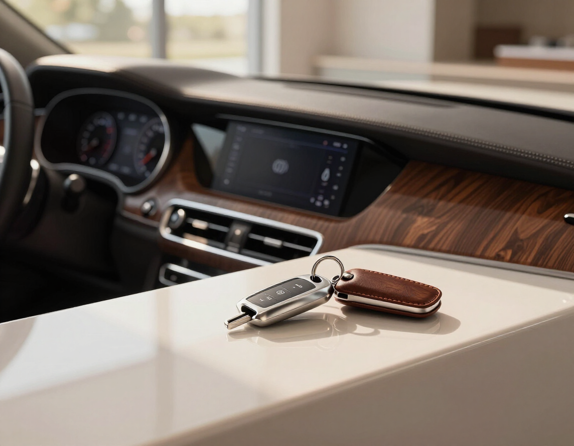 Telecomando per auto su una console centrale bianca all'interno di un abitacolo con finiture in legno e display sul cruscotto.