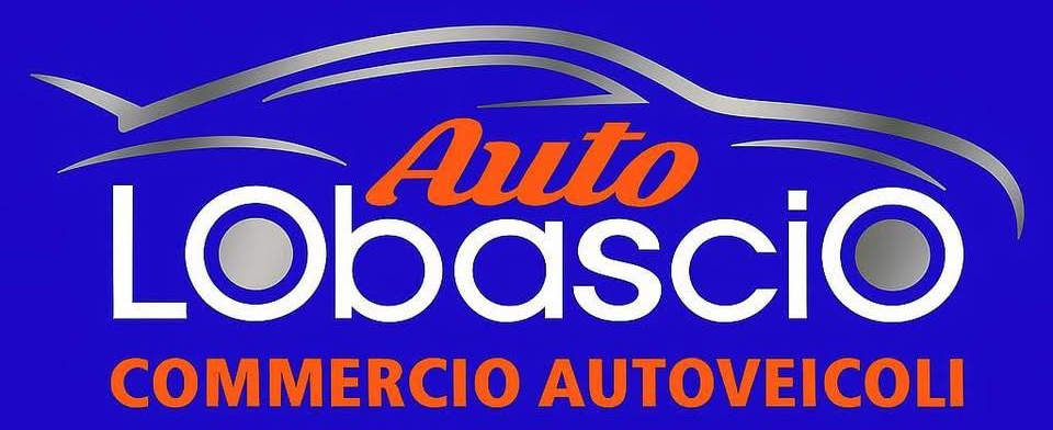 Logo per Auto Lobascio, testo bianco e arancione su sfondo blu con sagoma di un'auto, “Commercio Autoveicoli”