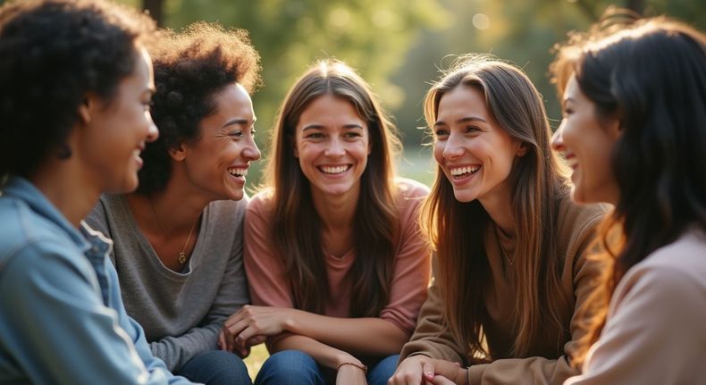 Group of friends smiling and talking outdoors, sunny day.