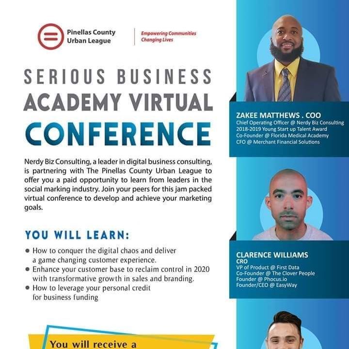 An advertisement for the serious business academy virtual conference