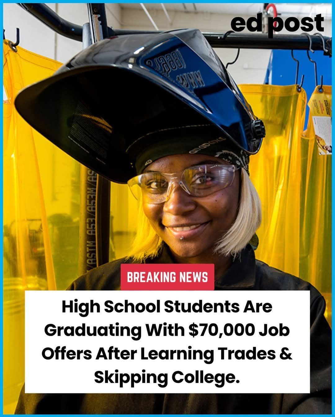 A woman is wearing a welding helmet and goggles.