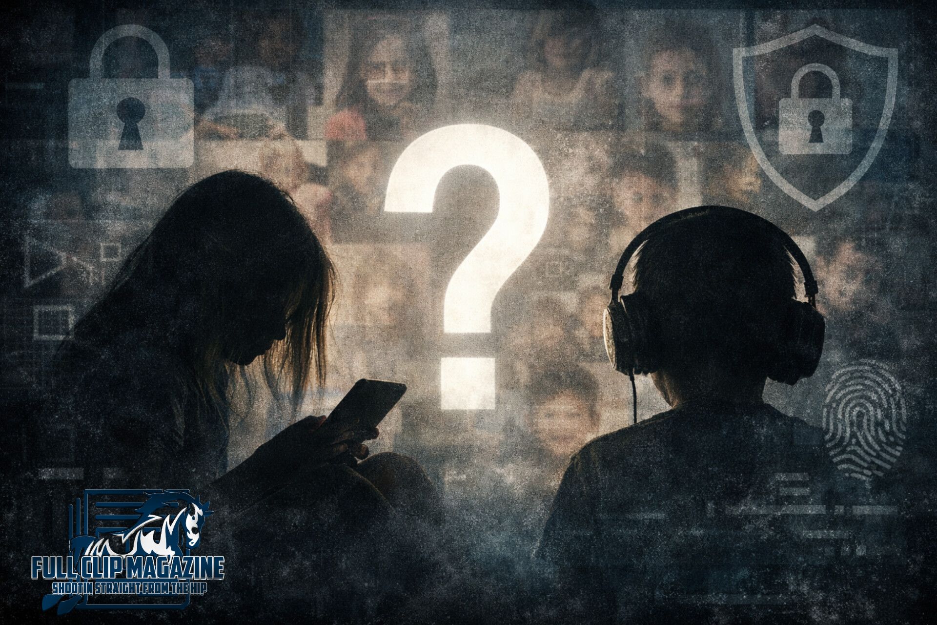 Silhouetted people using tech devices, question mark, security icons, and children's faces on a textured background.