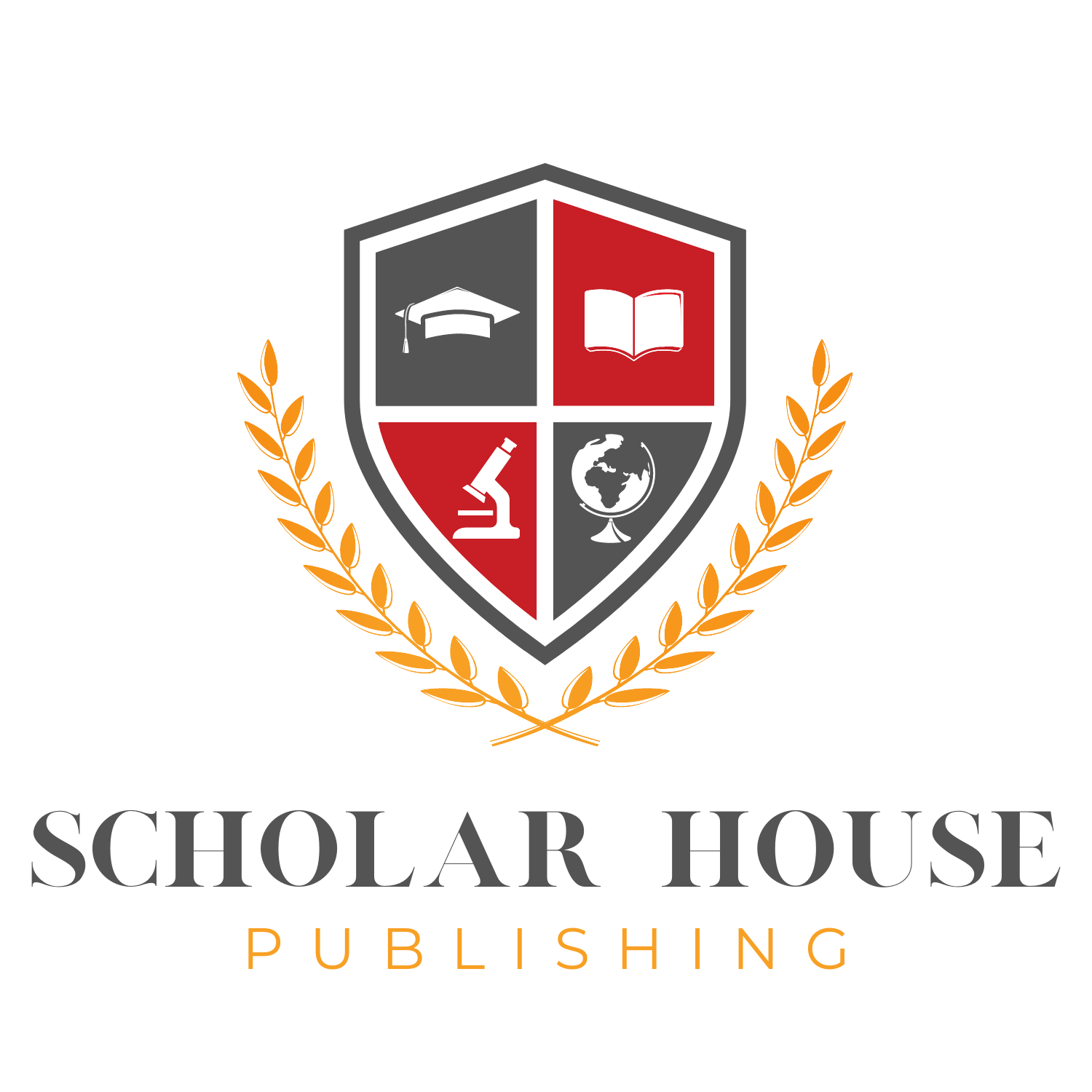 The logo for scholar house publishing shows a shield with a graduation cap , microscope , and book.
