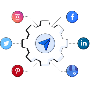 An illustration of a gear surrounded by social media icons.