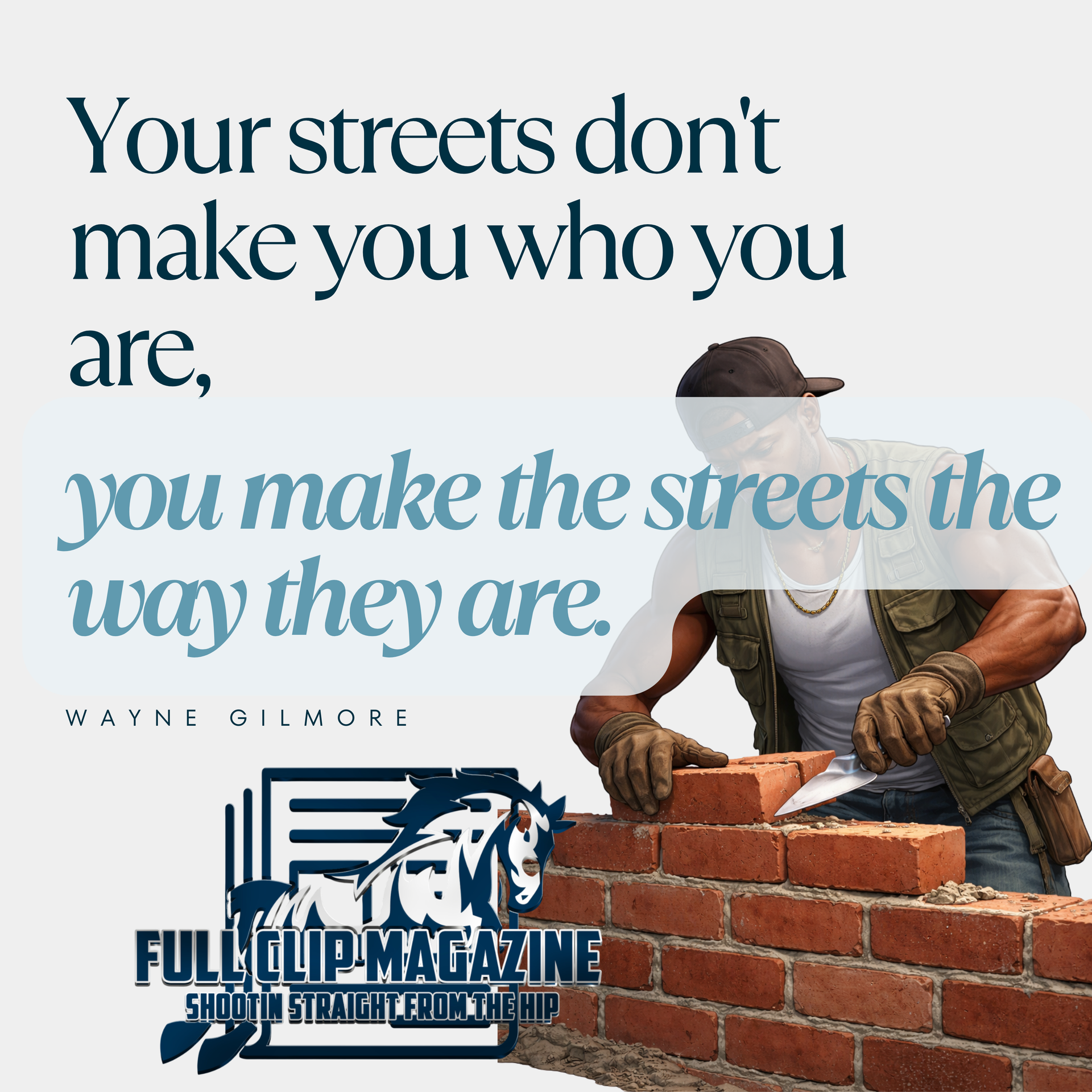 Motivational quote with construction worker laying bricks. Text: 
