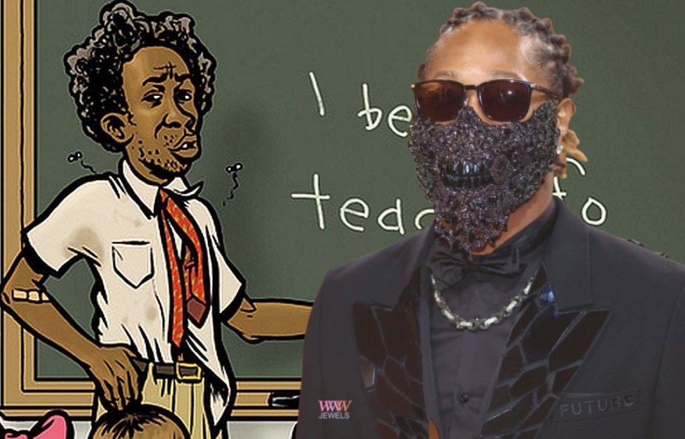 Cartoon school boy next to a photo of rapper Future wearing a sparkly face mask and sunglasses.