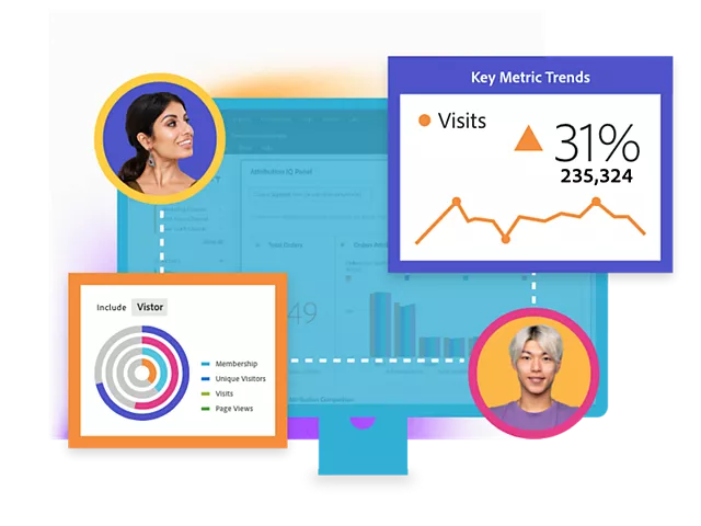 A woman and a man are sitting in front of a computer monitor.