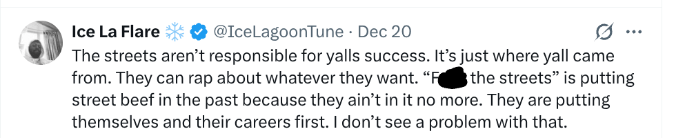 A tweet by Ice La Flare, stating streets aren't responsible for success.