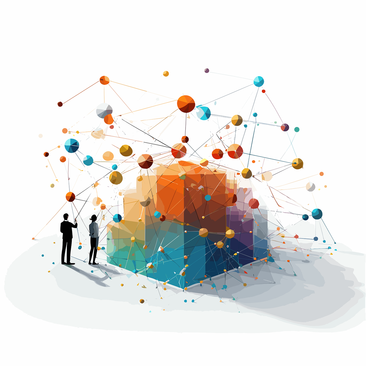 A group of people are standing around a colorful cube.