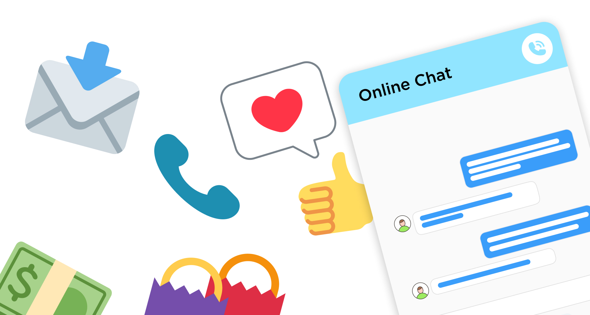 A phone with a heart in a speech bubble is surrounded by other icons.