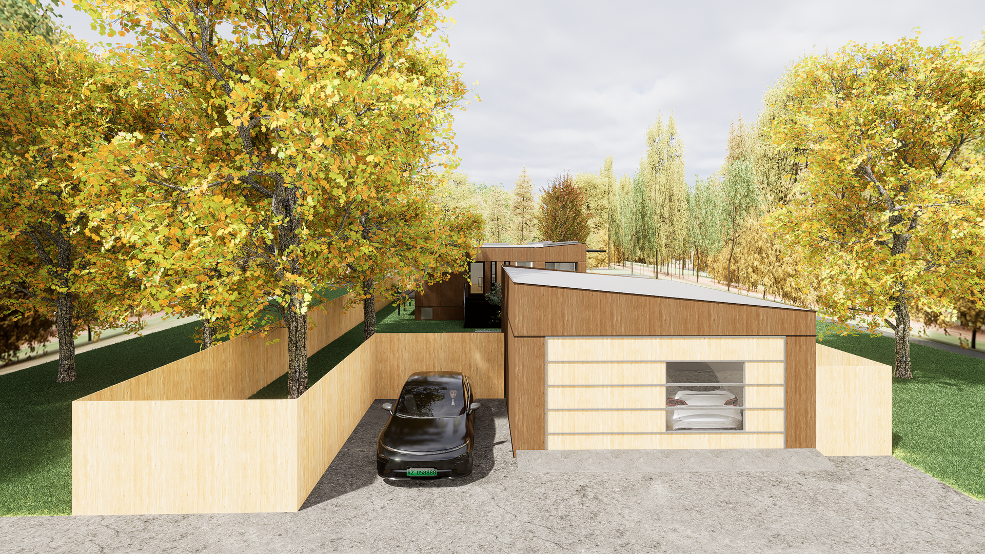 A car is parked in front of a house surrounded by trees.