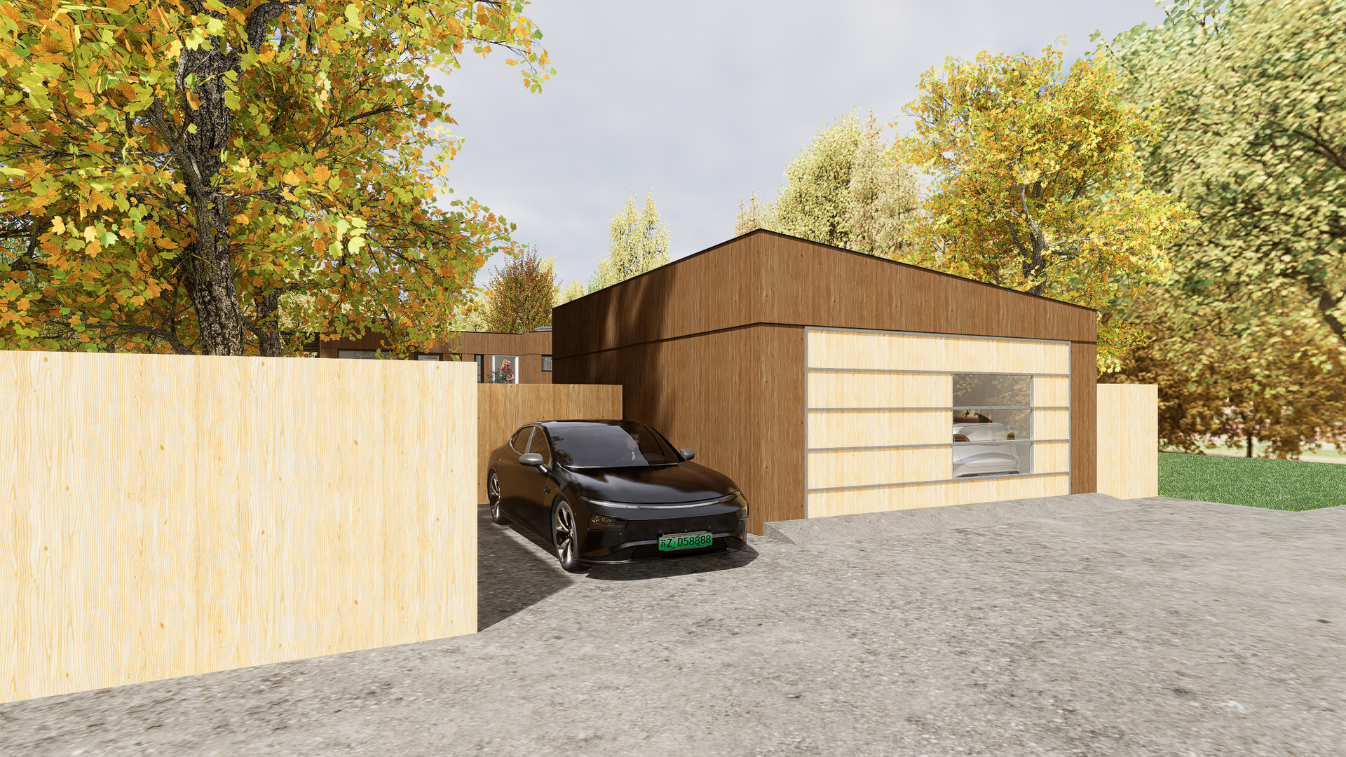 A car is parked in front of a wooden garage.
