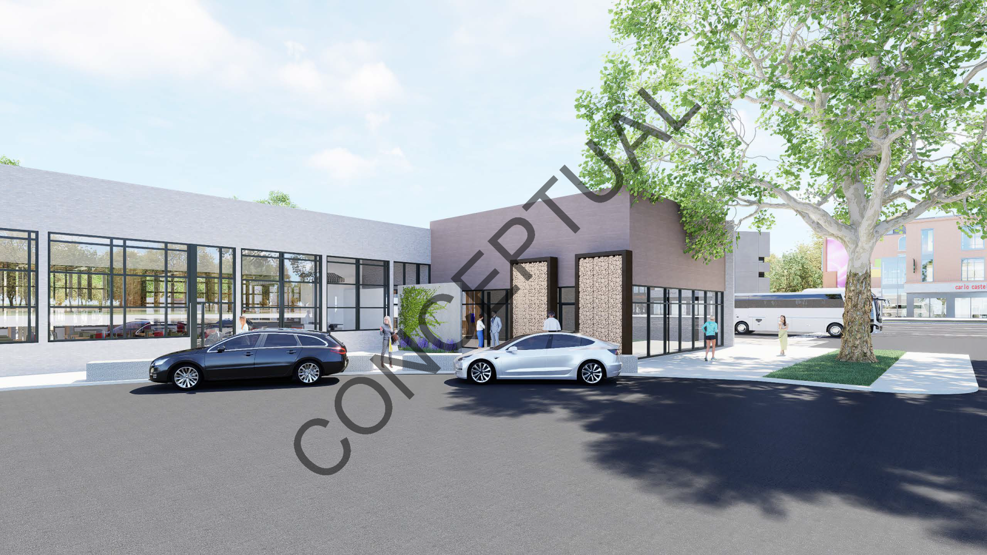 A rendering of a building with cars parked in front of it.