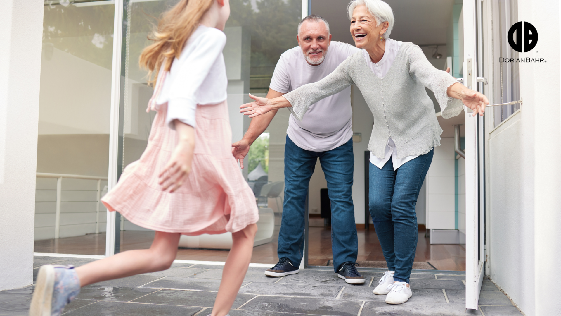 grandparents welcoming home their granddaughter at their wide universal design door 