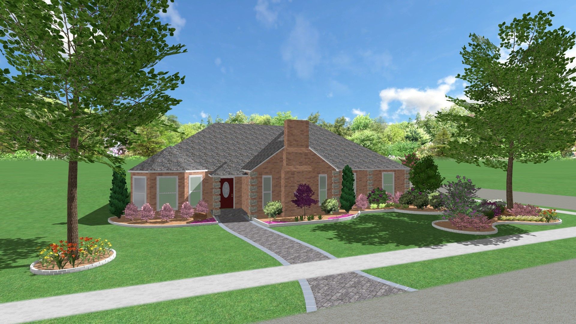 A computer generated image of a brick house with a red door