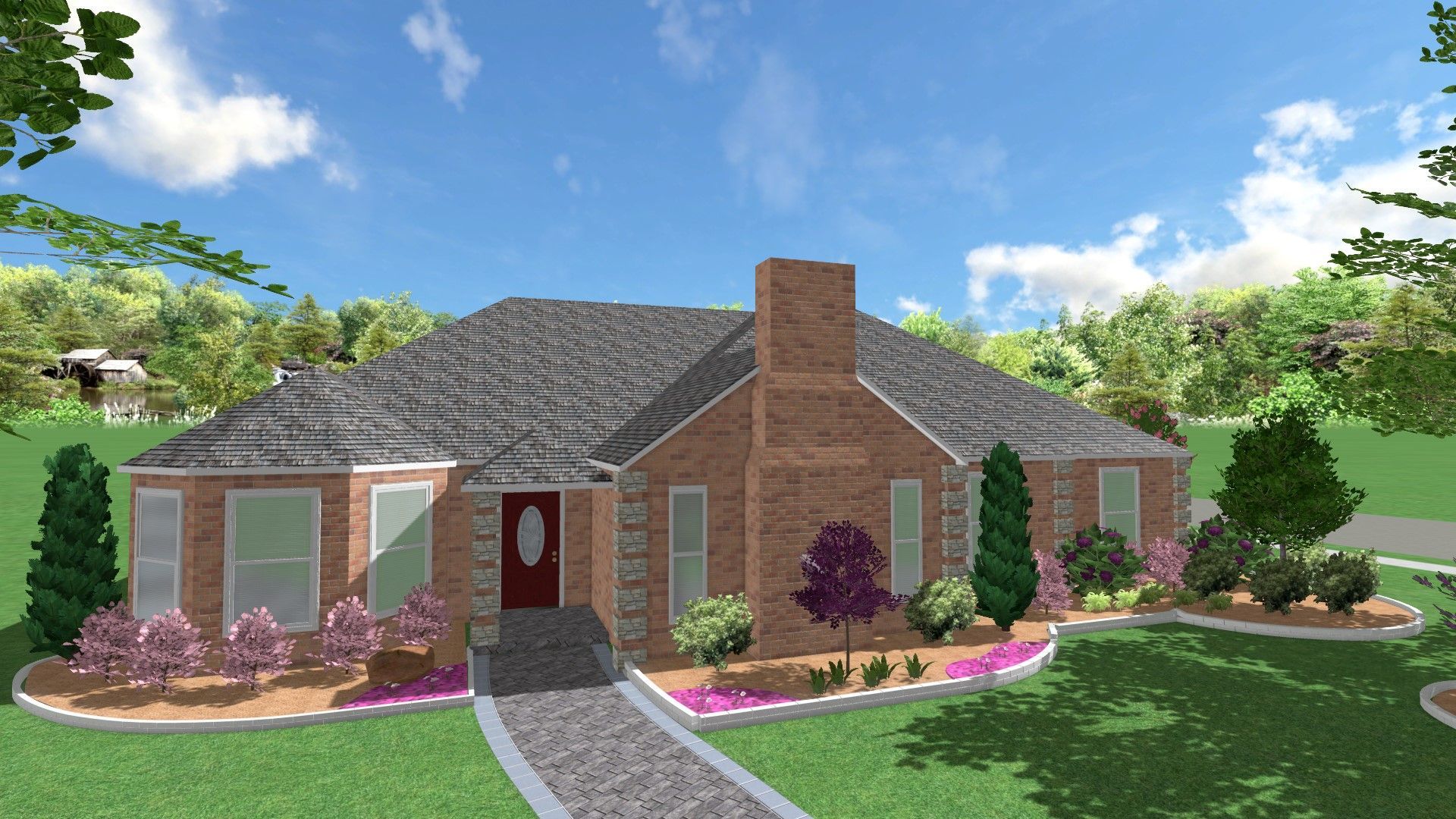 A rendering of a brick house with a red door