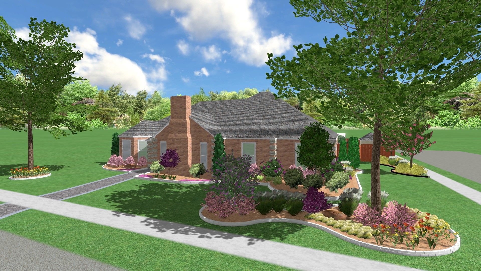 A 3d rendering of a brick house with a lush green yard surrounded by trees and bushes.