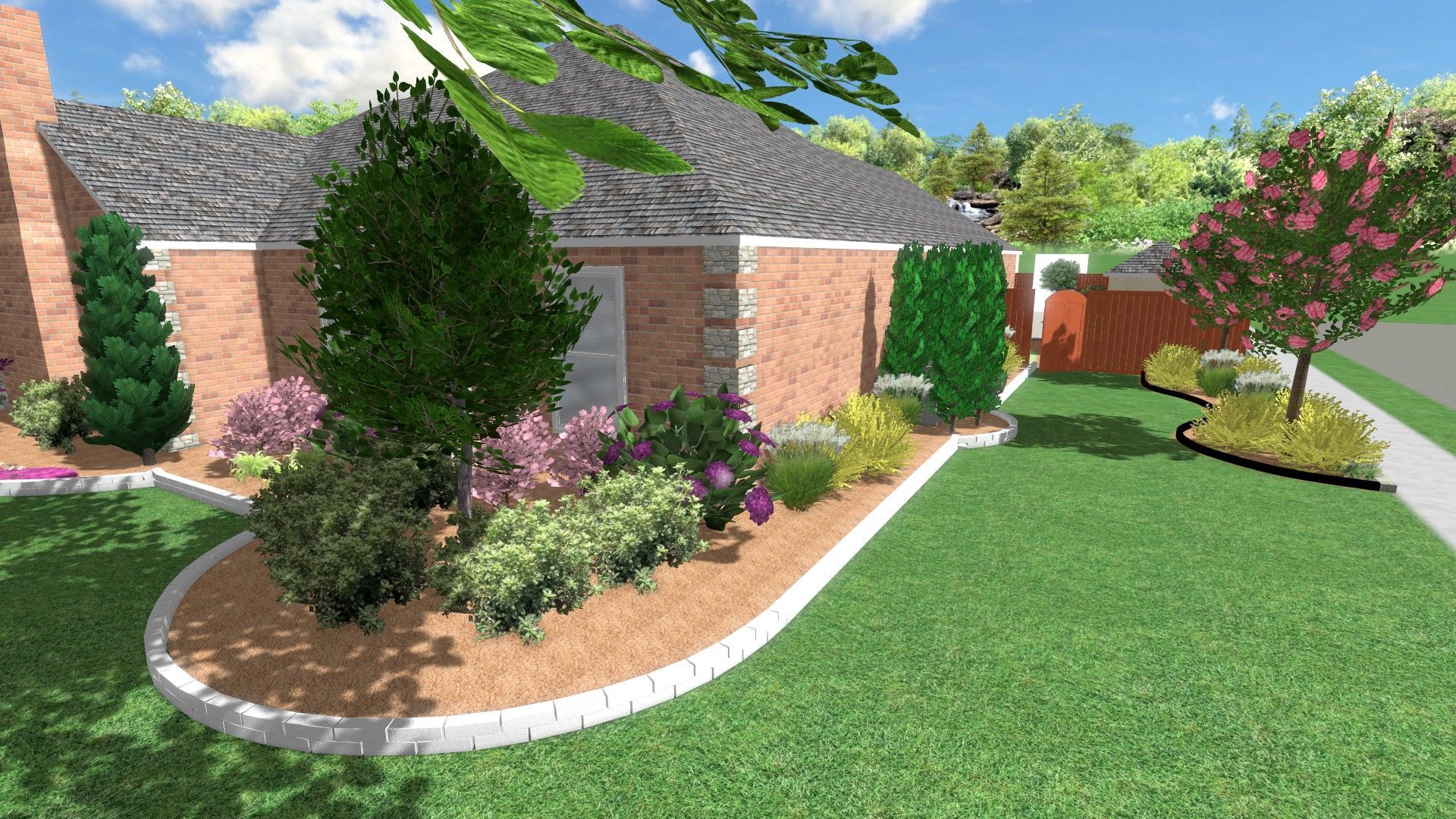 A computer generated image of a brick house with a garden in front of it.