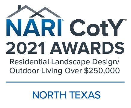 A logo for the nari coty 2021 awards residential landscape design / outdoor living over $ 250,000 in north texas.
