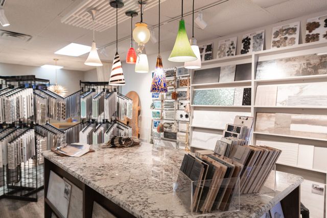 There are many different types of tiles on display in this store.