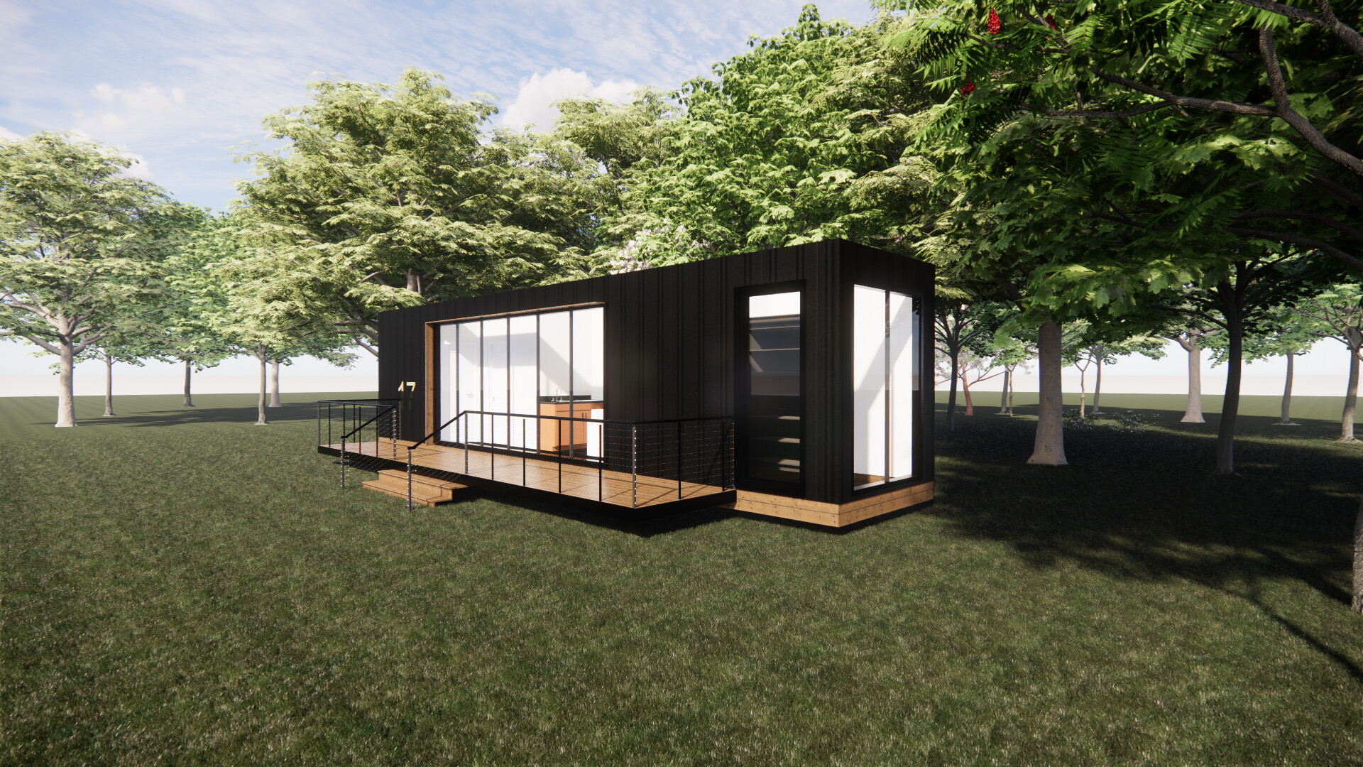 An artist 's impression of a small shipping container house in the middle of a field surrounded by trees.