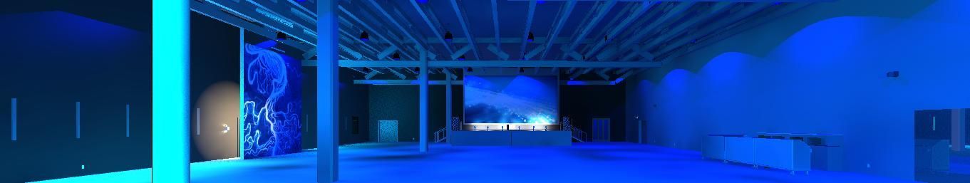 An empty room with blue lights on the ceiling and walls.