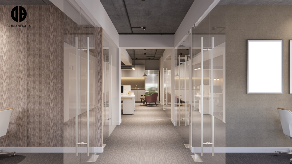 A hallway in a flexible office with glass doors and a picture on the wall.