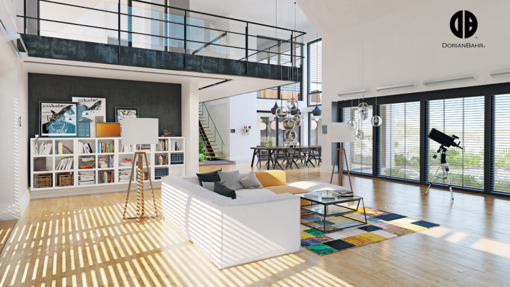 A multifunctional  living room with a white couch and a colorful rug.