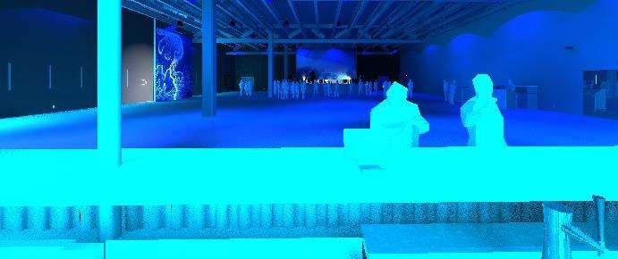 Two people are standing in a large room with blue lights.