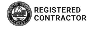 A black and white logo for a registered contractor