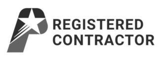 A black and white logo for a registered contractor