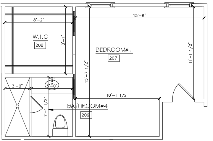 A black and white floor plan of a bedroom and bathroom.
