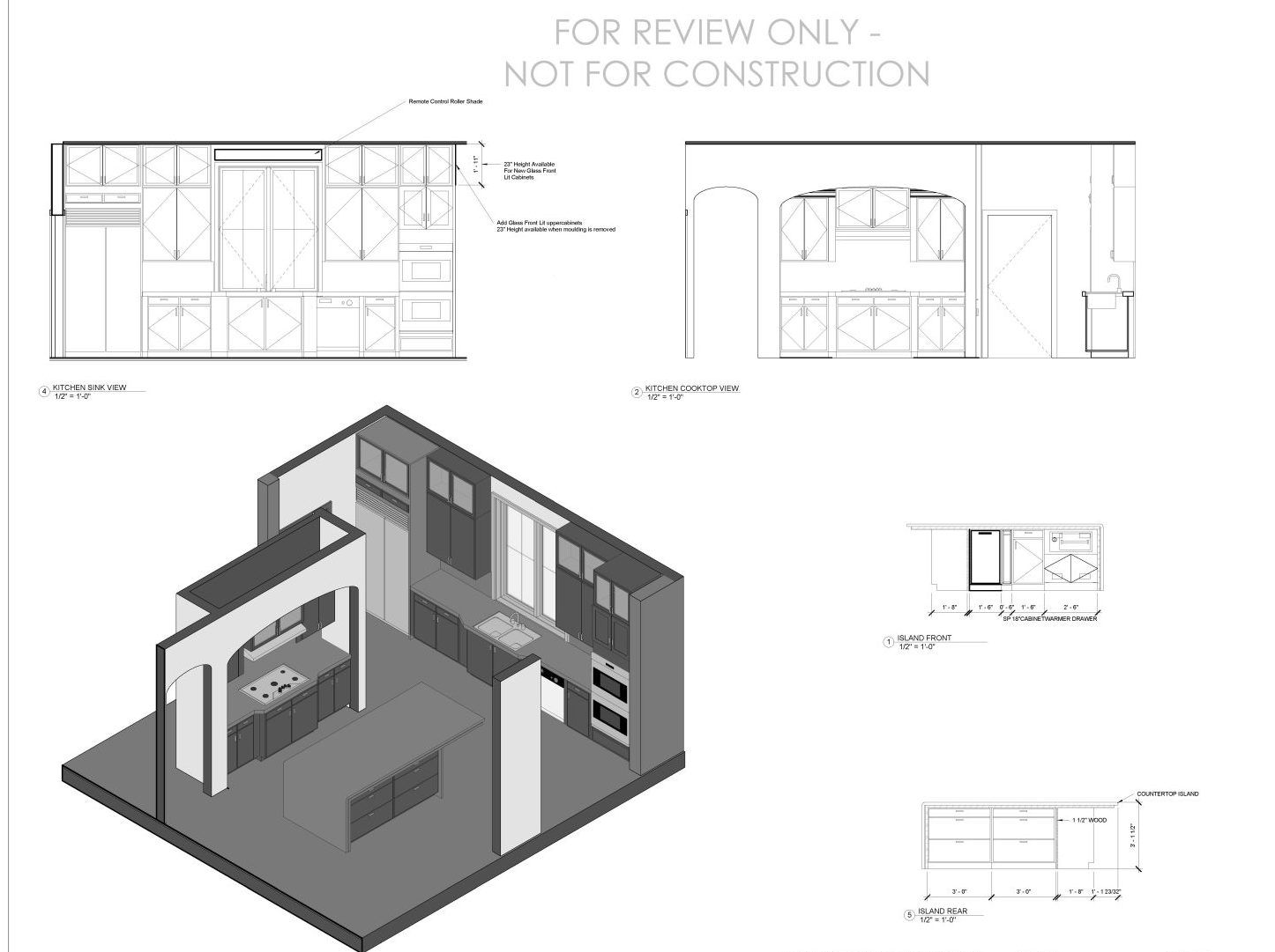 A black and white isometric drawing of a kitchen.