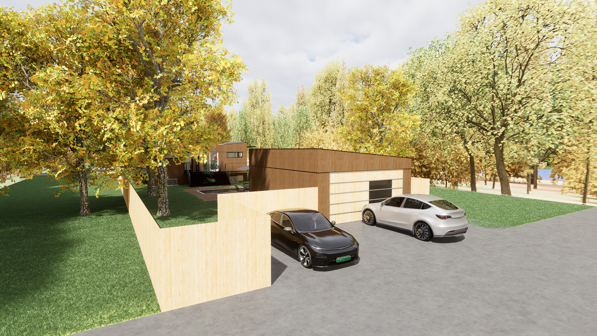 A couple of cars are parked in front of a house.