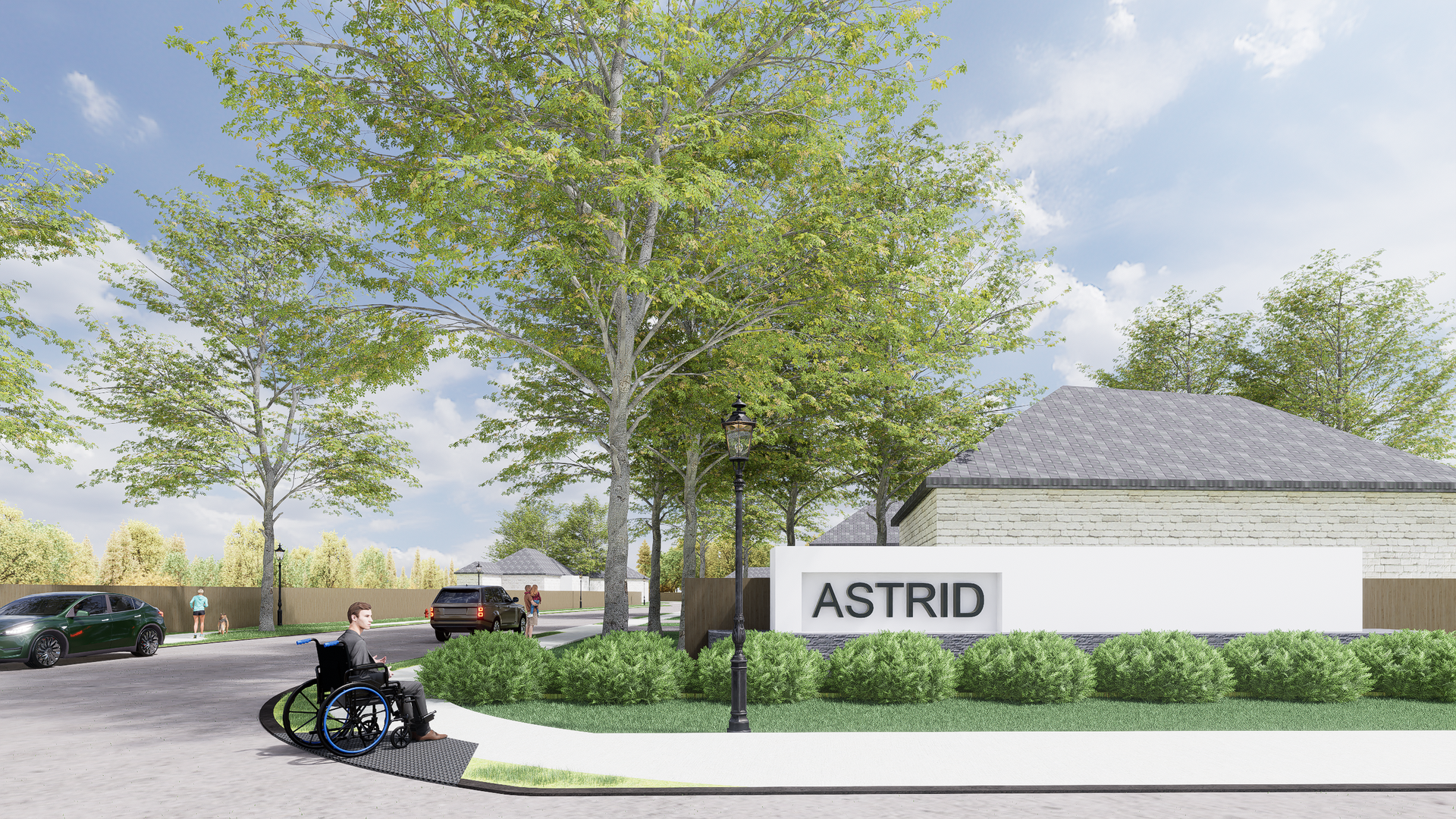 A woman in a wheelchair is standing in front of a building.