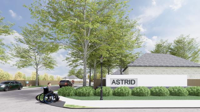 A woman in a wheelchair is standing in front of a neighborhood rendering.