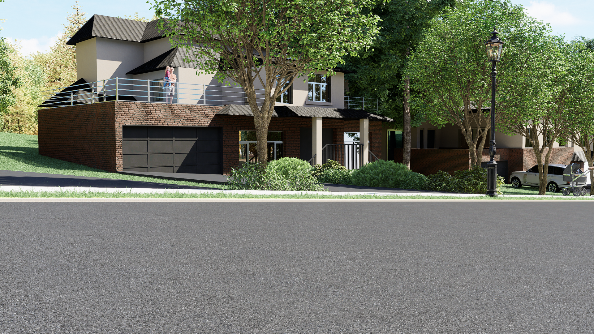 An artist 's impression of a house with a garage and a car parked in front of it.