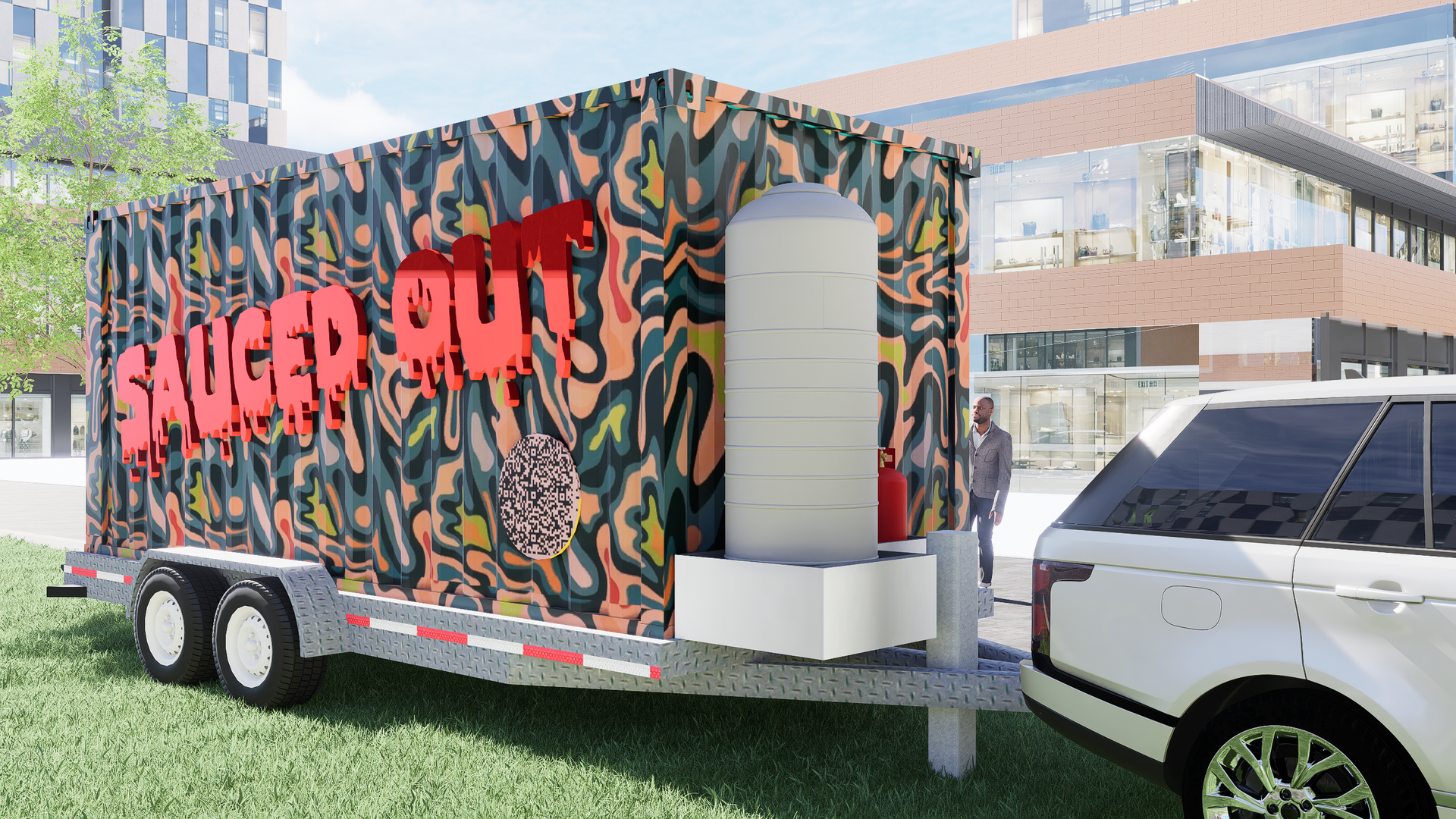 A white suv is towing a trailer with graffiti on it.