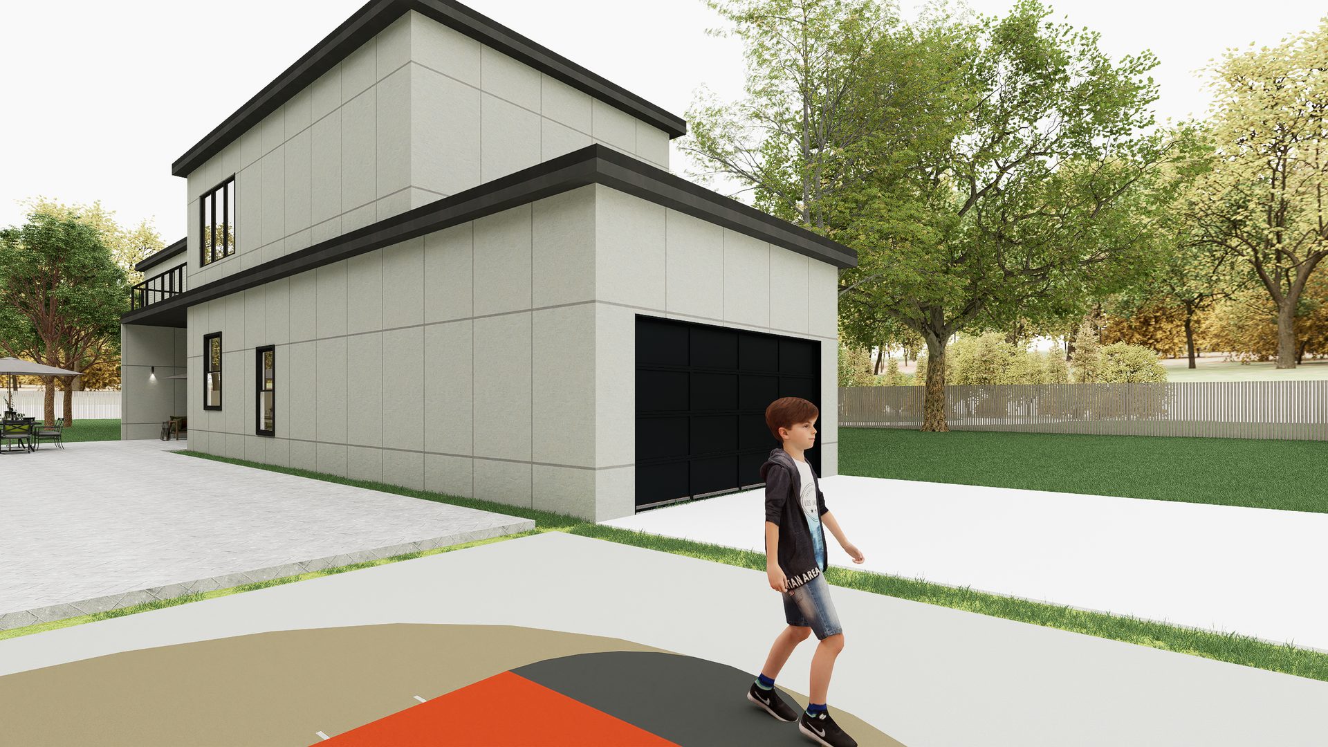 A boy is riding a skateboard in front of a house.