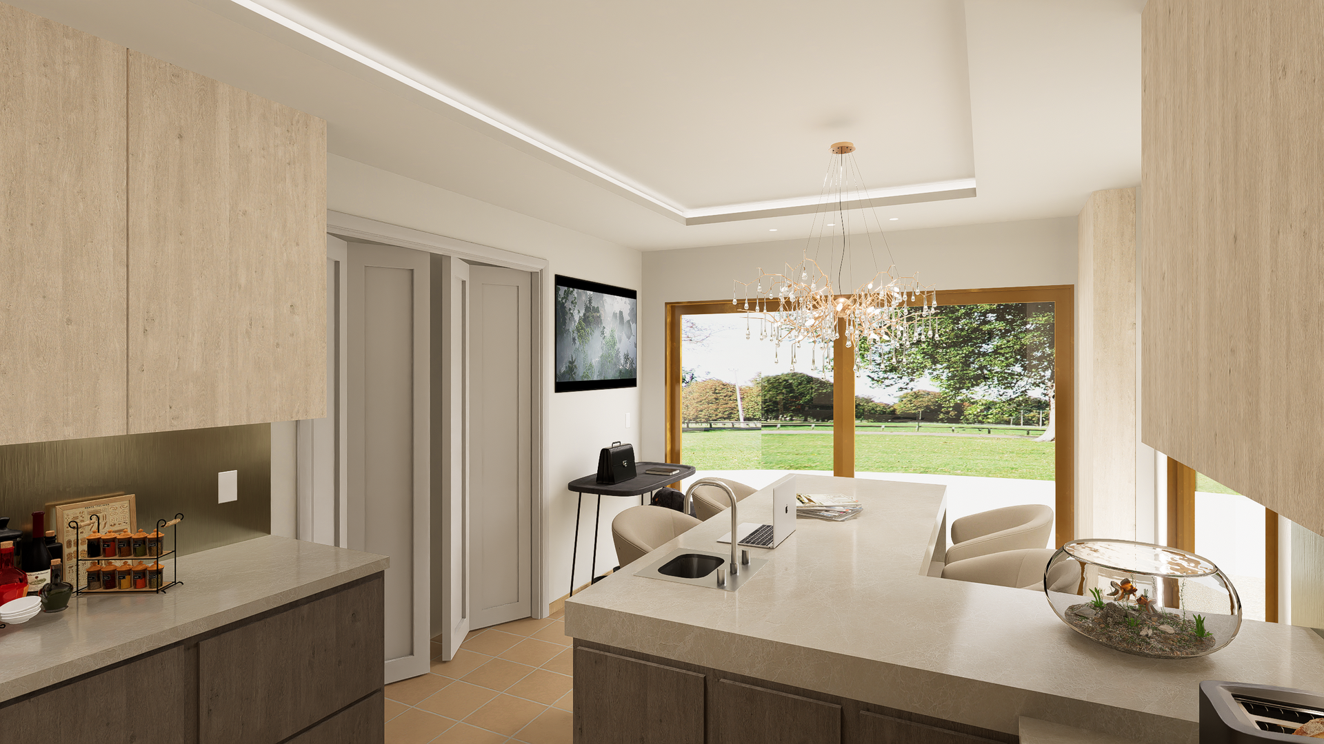 An artist 's impression of a kitchen with a large island and sliding glass doors.