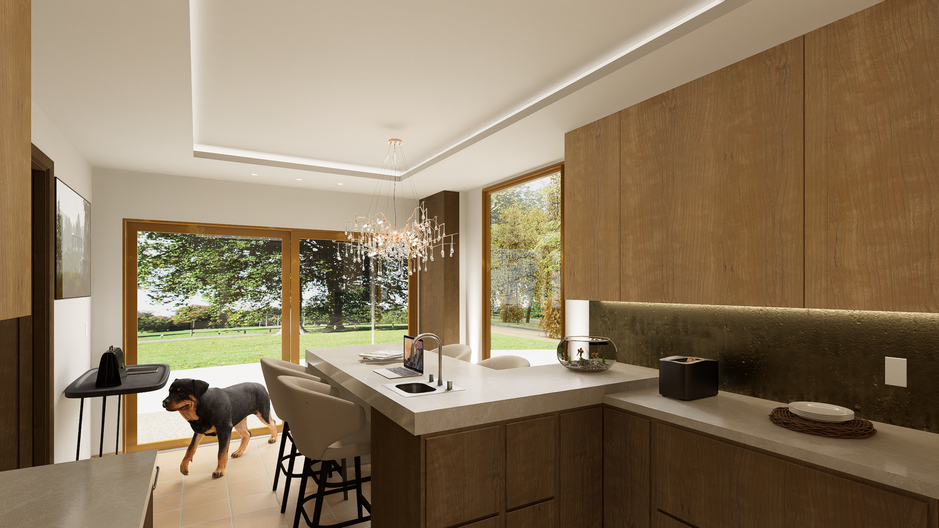A dog is standing in a kitchen next to a large island.