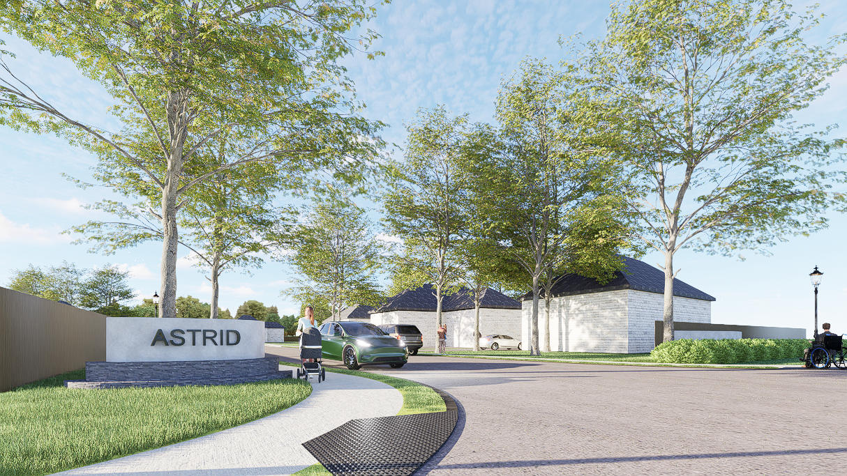An artist 's impression of the entrance to a new development called astrid.