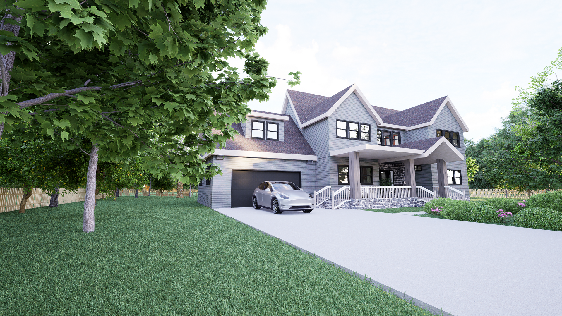 A 3D rendering car is parked in front of a large house with a garage.