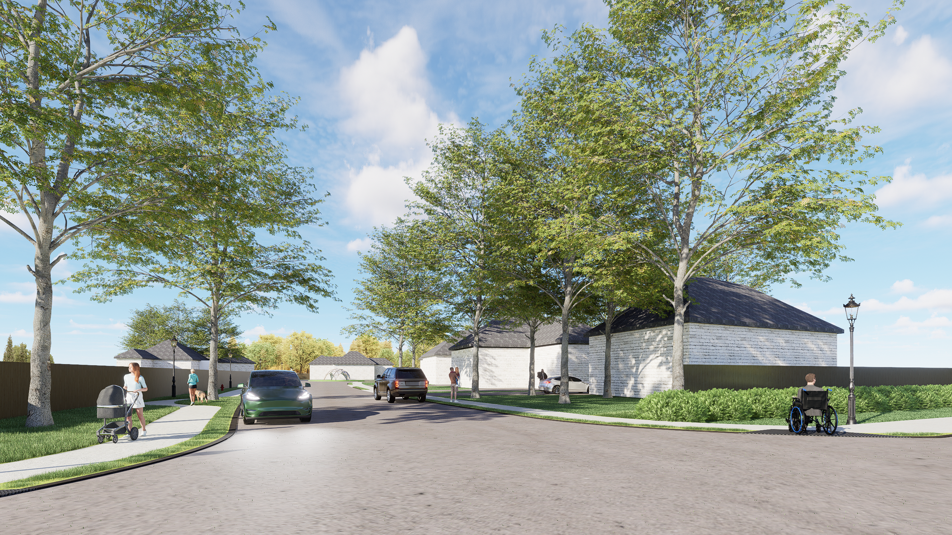 A man in a wheelchair is sitting on the sidewalk in front of a neighborhood rendering