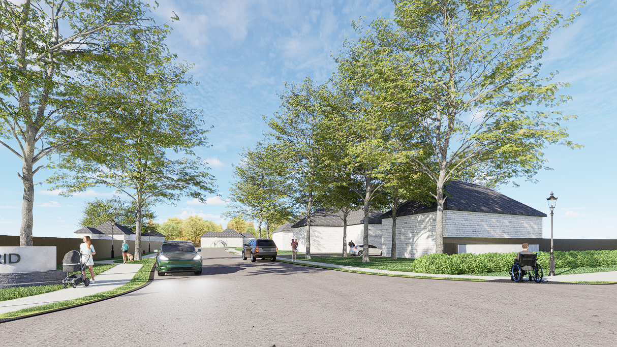 A 3D rendering of a residential area with trees and cars parked on the side of the road.
