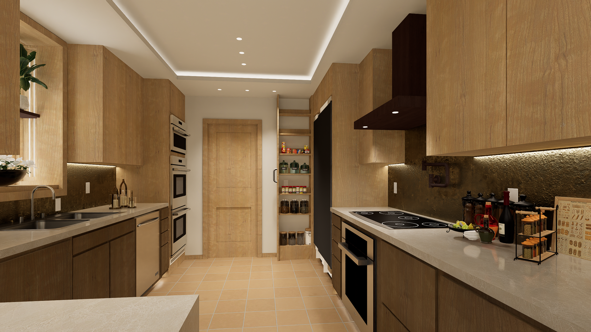 An artist 's impression of a kitchen with wooden cabinets and stainless steel appliances.