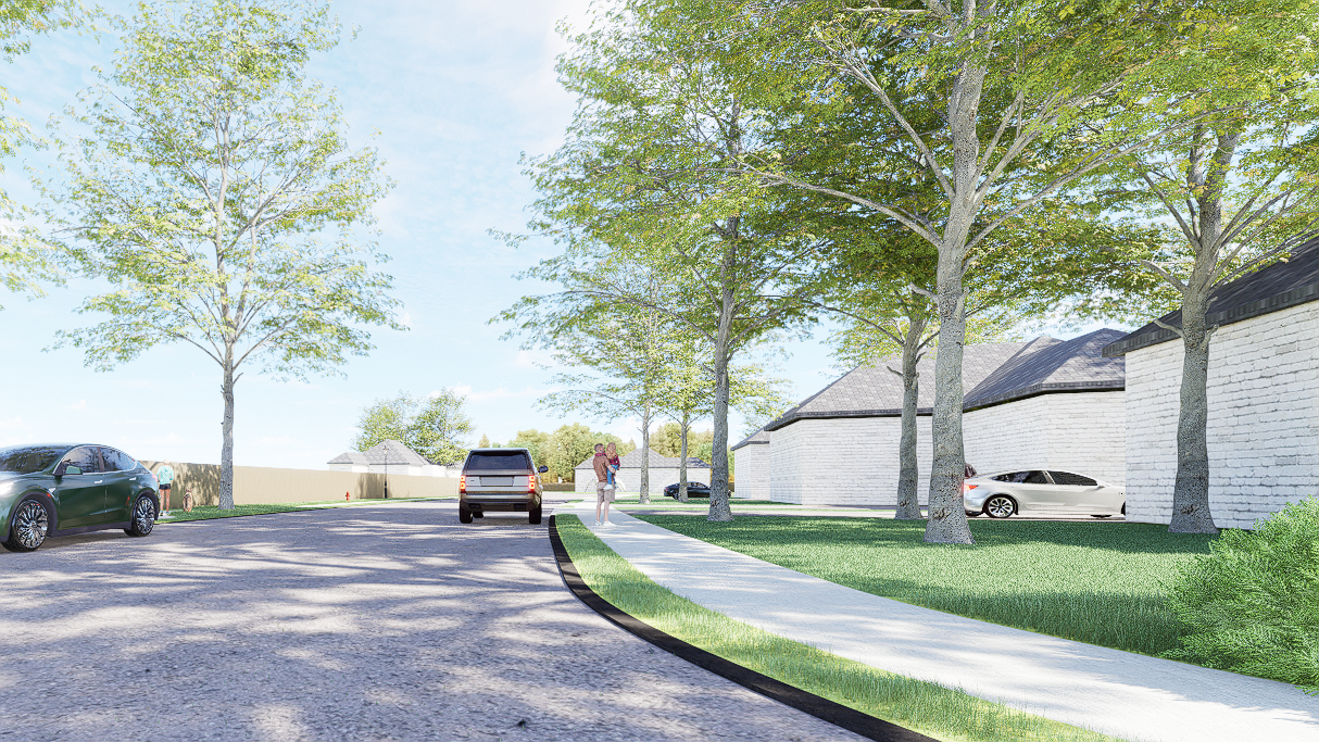 A rendering of a residential street with cars parked on the side of the road.