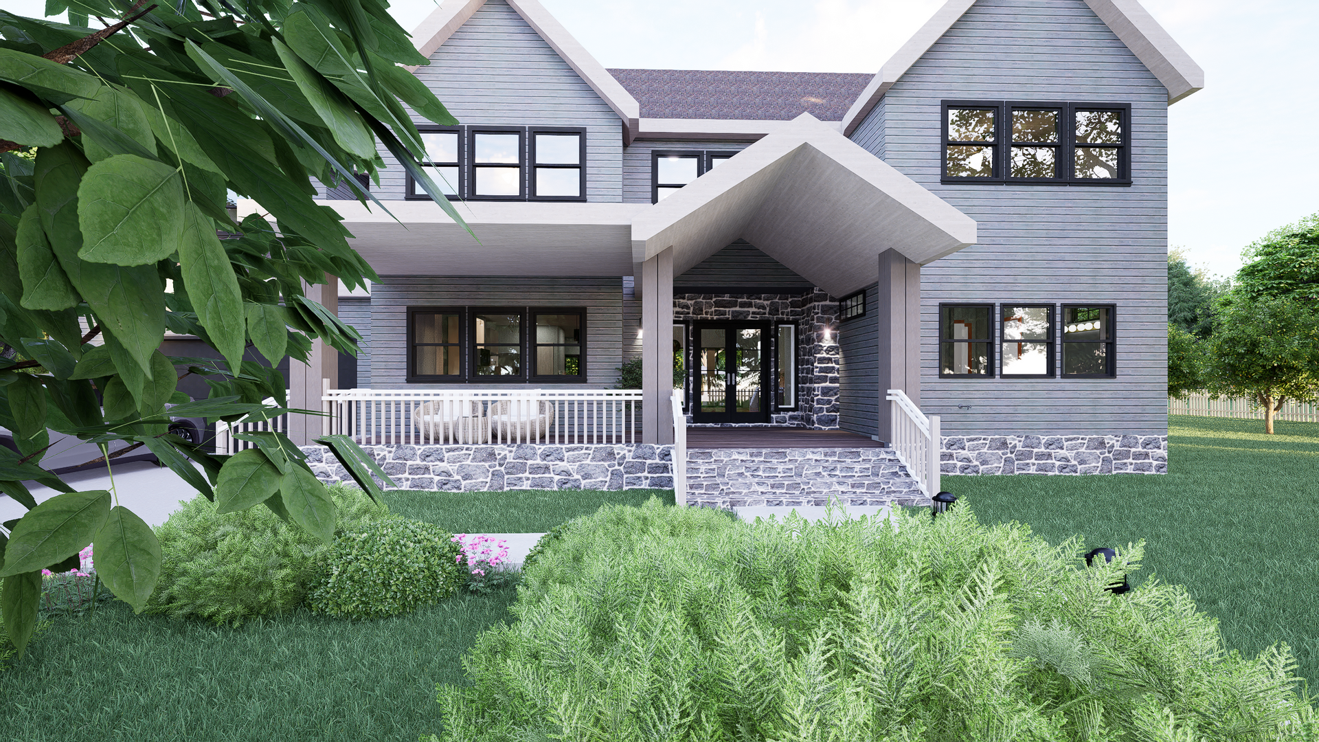 A 3d rendering of a house with a porch and trees in the background.